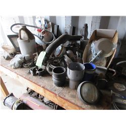 PILE OF LIGHTS, BELTS, TACS, CAR PARTS, ETC