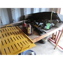 BELLOW SHROUD, 2 JACKS, CAR PARTS, TARP, WINDSHIELD JUGS, ETC