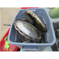 BLUE TOTE WITH HUB CAPS, HOSE, ETC