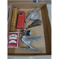 BOX C/W RULER, CAR EMBLEMS, ETC