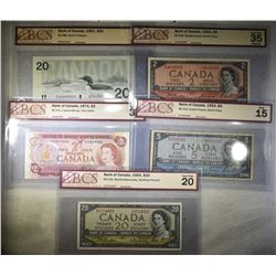 LOT OF 5 BCS GRADED BANK OF CANADA CURRENCY