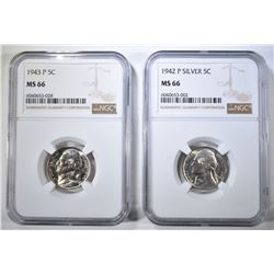 1942-P & 43-P SILVER JEFFERSON NICKELS NGC MS-66
