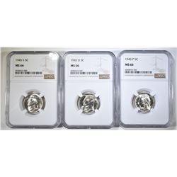 1945-P,D,S SILVER JEFFERSON NICKELS NGC MS-66