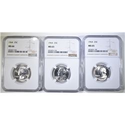 3-NGC GRADED 1964 WASHINGTON QUARTERS: