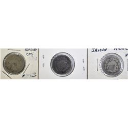 3- 1875 SHEILD NICKELS, 1- GOOD & 2- AG