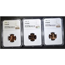 1961, 62, 63 LINCOLN CENTS NGC PF-68 RD