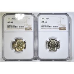 1943-P & 44-P SILVER JEFFERSON NICKELS NGC MS-66