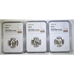 1945-P,D,S SILVER JEFFERSON NICKELS NGC MS-66
