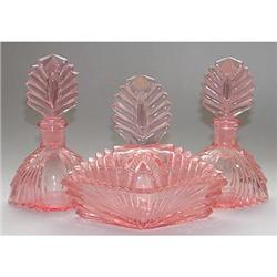 New Martinsville Pink Art Deco Glass Vanity Set#1227200