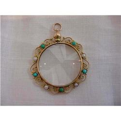 Edwardian 9K Gold Locket Turquoise Pearls #1237595