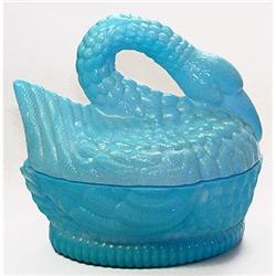 Portieux Blue Milk Glass Swan Powder Jar #1238102