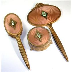 Pink Guilloche Enamel, and Brass Dresser Set #1238139