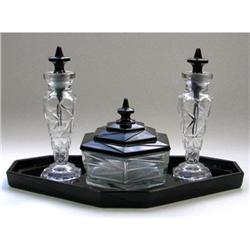 Tiffin Black & Clear Glass Art Deco Dresser Set#1238152