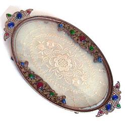 Brass, Lace and Glass Jeweled Dresser Tray  #1238228