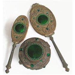 Guilloche Enamel Green Glass Jewels Dresser Set#1238232