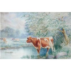 Hugo Fisher  Watercolor Painting of Cattle #1238296