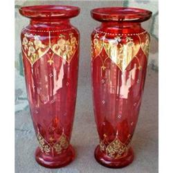 CRANBERRY Enameled Vases PAIR Large MOSER Style#1238314