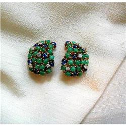 60's~EMERALD/SAPPHIRE/DIAMOND CLUSTER EARRINGS #1238338