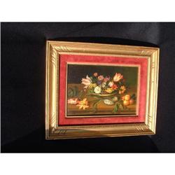 Antique signed still life oil painting on wood #1292422