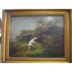 19TH CENT OIL ON CANVAS - DOGS WITH A FOX #1292560