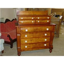 SHERATON TIGER MAPLE CHEST  W/ SANDWICH GLASS #1292616