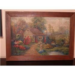 Anitque American Oil Painting Cottage Scene #1292663