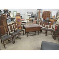 Vintage Oak Gate Leg Table w 6 Matching Oak Chairs & 1 Lead 29"H 44"W - Extra Leaf is 10"