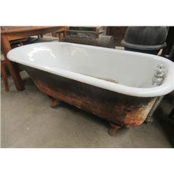 Vintage Cast Bath Tub we Faucets, & Legs- Enamel is in Good Condition- Needs Cleaning 23"H 60"L 30"W