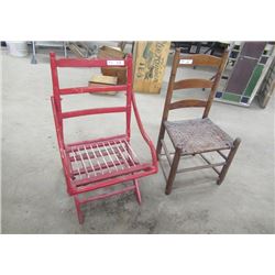 Vintage Unique Folding Chair & Ladder Back Chair w Woven Seat