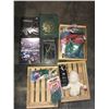 Image 2 : 7 NEW IN BOX FUNKO POPS (OVERWATCH, BATMAN) WOODEN TRAY WITH CONTENTS (BOOKS, RUBBER BANDS, &