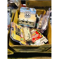 BOX OF ASSORTED NEW IN PACKAGING TOY CARS (GREENLIGHT, ACME TRADING COMPANY, DISNEY)