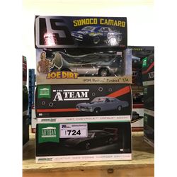 4 NEW IN BOX MODEL CARS: 1979 FIREBIRD (JOE DIRT), 1967 IMPALA (A-TEAM), 1969 CHARGER DAYTONA,