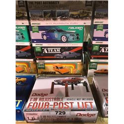 4 NEW IN BOX MODEL CARS & FOUR-POST LIFT: 1977 PLYMOUTH, 1999 SKYLINE GT-R, 1967 IMPALA (A-TEAM),