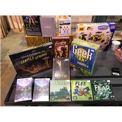 9 NEW IN BOX GAMES: ENTROPY, FEAR. FLEE, FORTRESS, INFECTED, GEEK OUT (FAMILY), SEATTLE SPRAW L