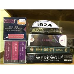 6 NEW IN PACKAGING GAMES: CONVERSATION PACKS, HIGH SOCIETY, ULTIMATE WEREWOLF, RETRO LOONACY,