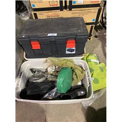 3 BINS OF ASSORTED WEIGHTS, EQUIPMENT, & TOOLS