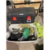 Image 1 : 3 BINS OF ASSORTED WEIGHTS, EQUIPMENT, & TOOLS