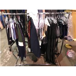RACK OF ASSORTED CLOTHING, SHORTS, TIES, BABY ONESIES SOME NEW WITH TAGS(RACK NOT INCLUDED)