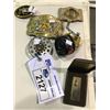 Image 1 : 3 ASSORTED BELT BUCKLES, FISHING REELS, AND RONSON LIGHTER