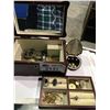 Image 1 : JEWELRY BOX WITH CONTENTS, INCLUDES NECKLACES, WATCH, AND ASSORTED COSTUME JEWELRY