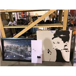 3 PIECES OF ARTWORK, AUDREY HEPBURN, CITY SCENE, DUCK ON LAKE