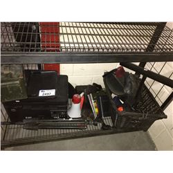 SHELF OF ASSORTED PRINTER, AMMO BOX, TRIPOD AND MORE