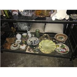 SHELF LOT OF ASSORTED CHINA, PLATES, AND MORE