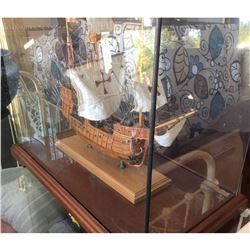 Spanish Galleon Model Ship In Display Case