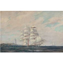 Signed Clipper Ship, Lighthouse, Maritime Oil Painting