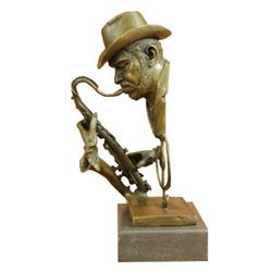 Signed Jazz Saxophone Player Bronze Sculpture