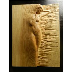 Modern Ash Wood Carving, Nude Woman, Ocean Waves