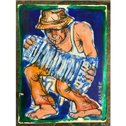 20thc African American Folk Art Oil Painting, Signed James Malone, Cajun Zydeco Musician