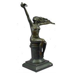 Signed Gennarelli, Woman With Bird Bronze Sculpture