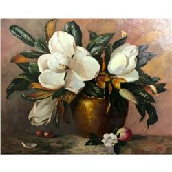 20thc Still Life Oil Painting, Magnolias